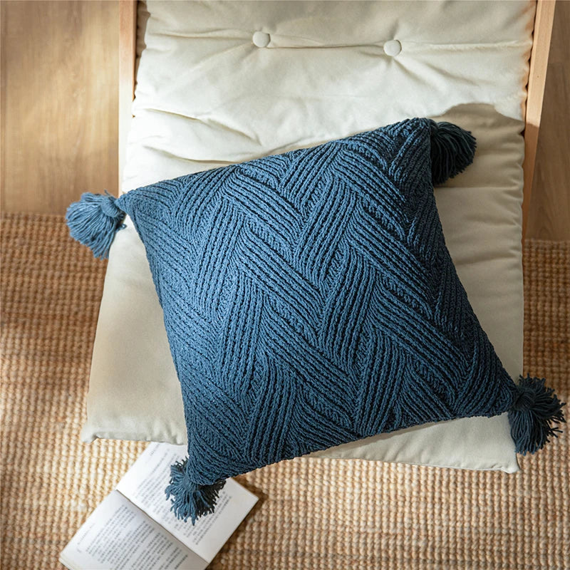 Beautiful chenille pillowcase with tassels, excellent for your living room or bedroom