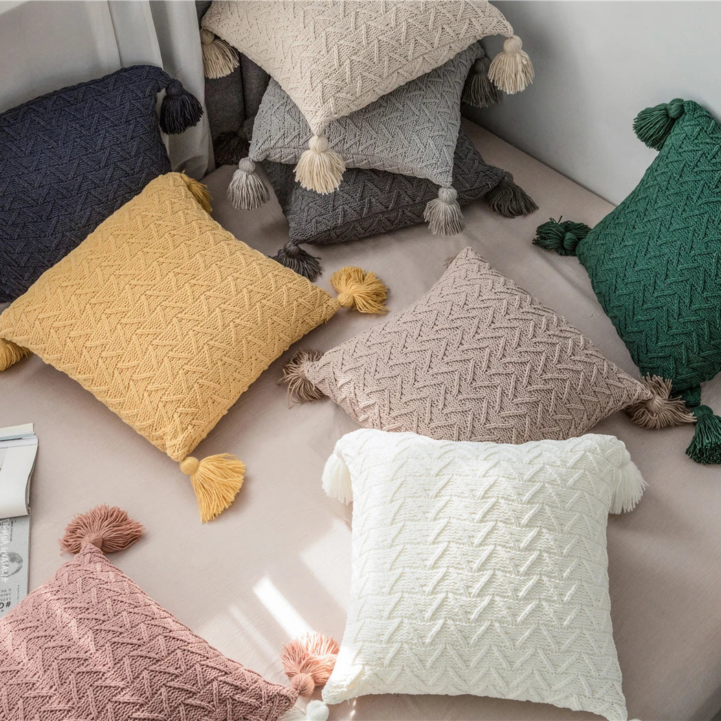 Beautiful chenille pillowcase with tassels, excellent for your living room or bedroom