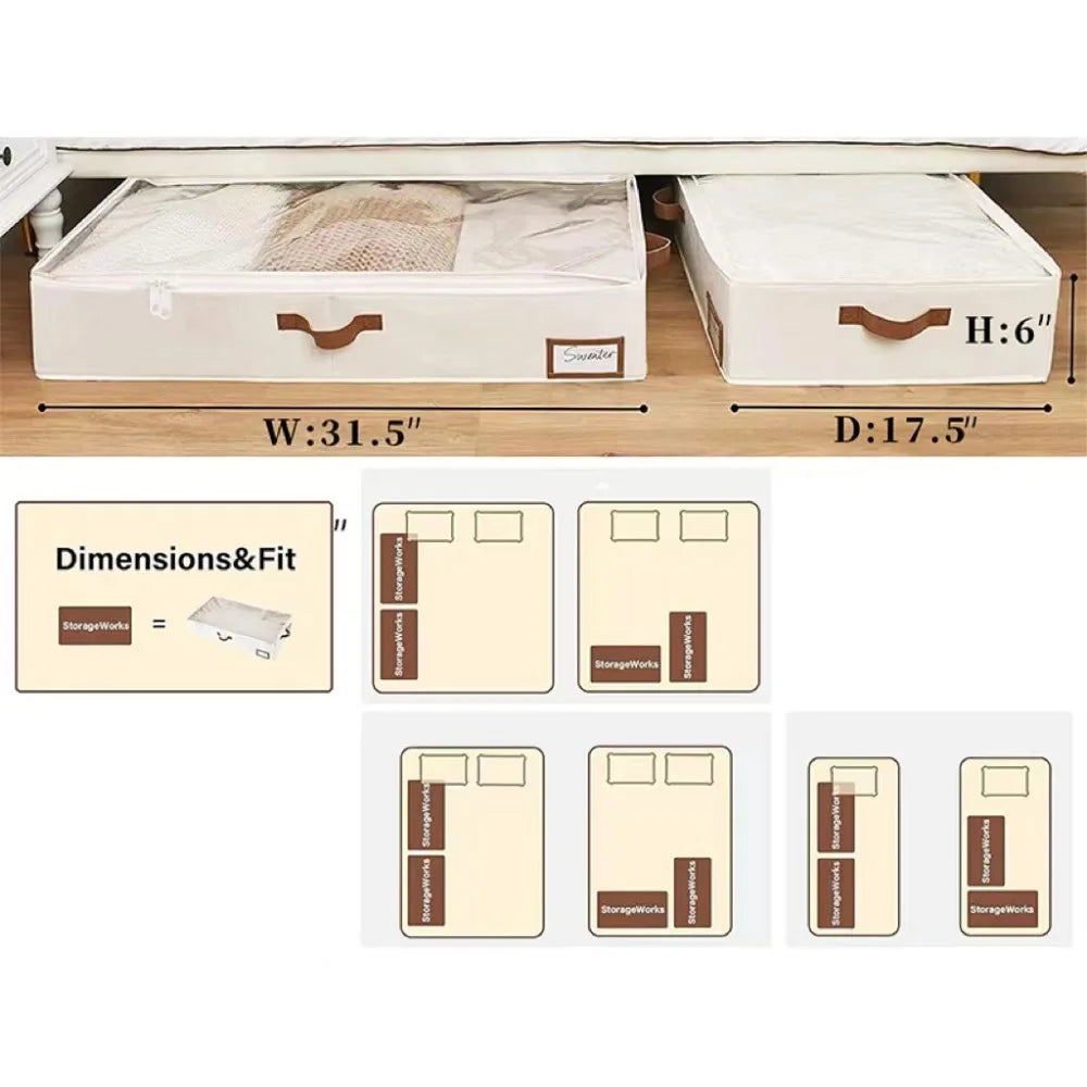 Foldable Underbed Storage Bags: Blanket, Clothes, and Comforter Storage Bag, Breathable Zippered Bedroom Organizer with Clear Window.