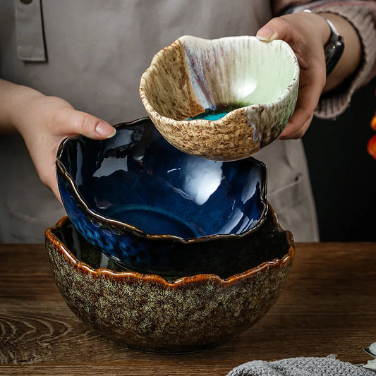Japanese hammer pattern irregular ceramic salad bowl