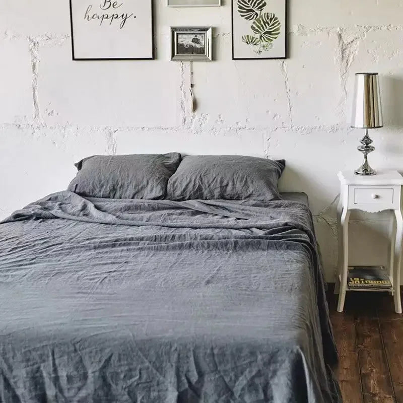 Soft and breathable natural linen sheet set: 2 pillowcases + rustic style sheets