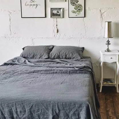 Soft and breathable natural linen sheet set: 2 pillowcases + rustic style sheets
