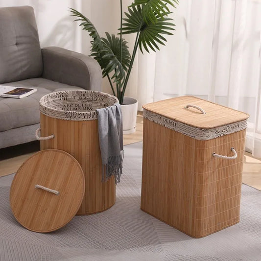 Large Capacity Bamboo Woven Foldable Laundry Storage Basket with Lid Handmade