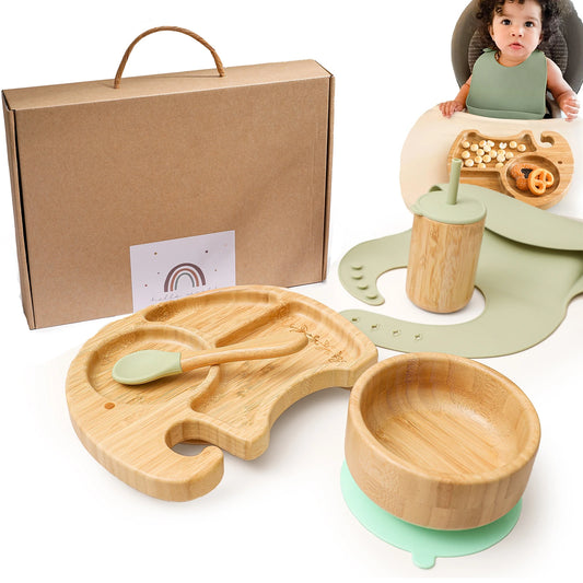 5-Piece Baby Feeding Utensil Set: Food-Grade Silicone Bibs, Bamboo Wooden Plates, Bowls, Straw Cups, Tableware.