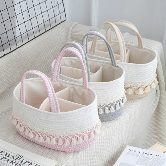 Diaper basket, toy storage basket, storage basket, tassel hand basket, hand-woven, divided, detachable, portable