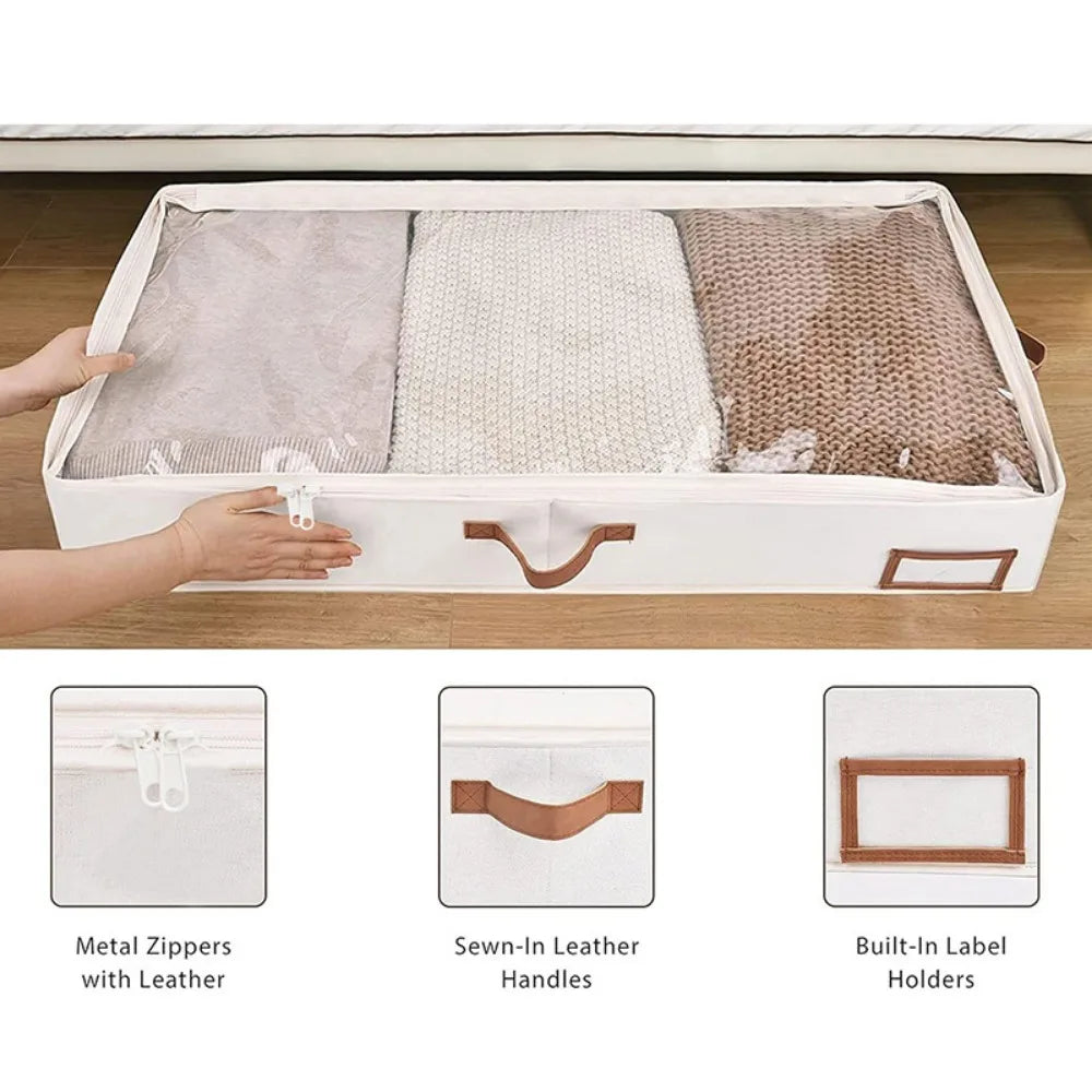 Foldable Underbed Storage Bags: Blanket, Clothes, and Comforter Storage Bag, Breathable Zippered Bedroom Organizer with Clear Window.