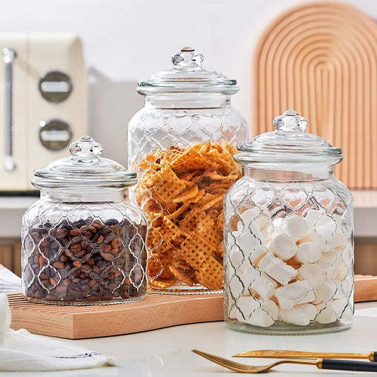 Airtight clear glass jar, can be used for candy, cookies, granola or other cereals.